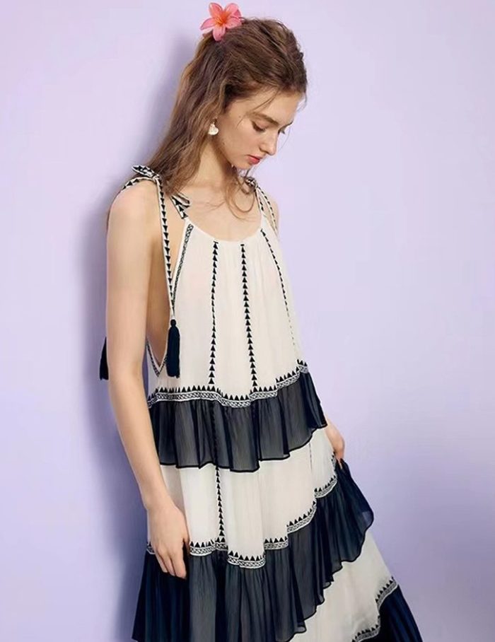 Wholesale Colorblock Tiered Silk Georgette Maxi Dresses Sleeveless Loose Holiday Vacation Dress Beach Ladies Dress-GZYYKJ074