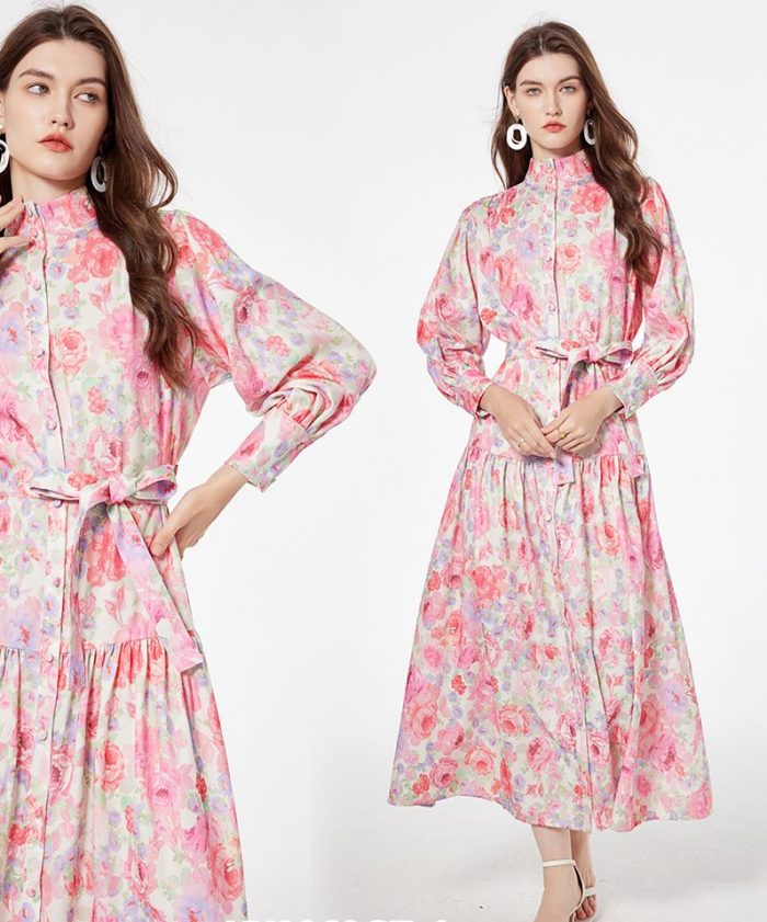 Wholesale High Quality Beach Long Sleeve Ruffle Tie Dye Chiffon Maxi Dress Ladies-YY0069GZ