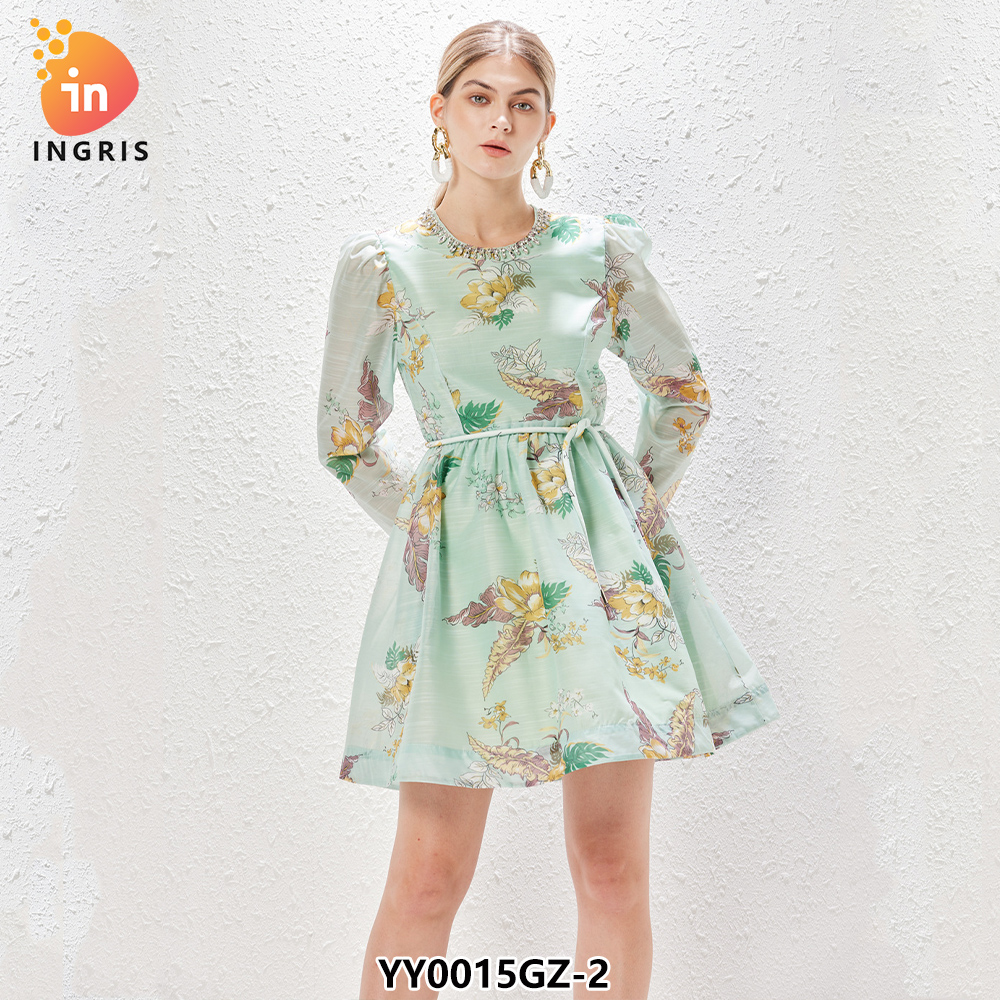 Floral Print Green Color Sashes Long Sleeve Turn Down Collar Casual Fashion Ladies Long Shirt Dress-YY0015GZ