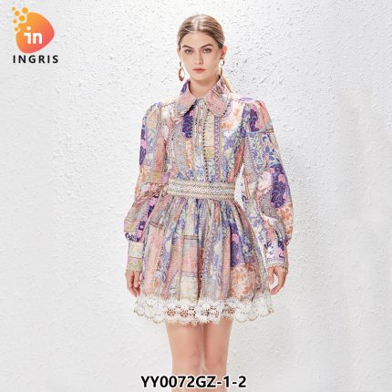 Floral Shirt Top + Lace Stitching High Waist Short Skirt Set-YY0072GZ