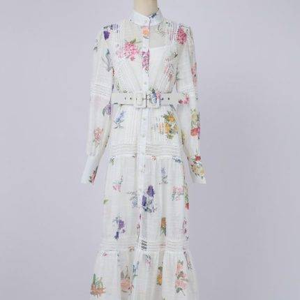Wholesale Women's Clothing Spring New Lantern Sleeve Printed Single Breasted Dress-GZYYWL024
