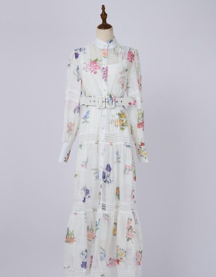 Wholesale Women's Clothing Spring New Lantern Sleeve Printed Single Breasted Dress-GZYYWL024