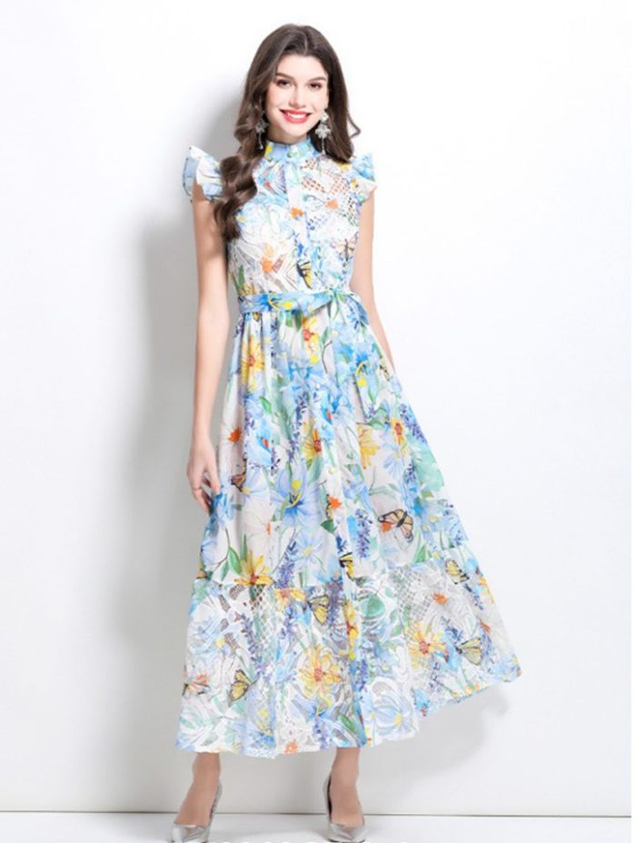Summer Printed Chiffon Dress New Sexy Slash Neck Ruffle Long Dresses-YY0019GZ