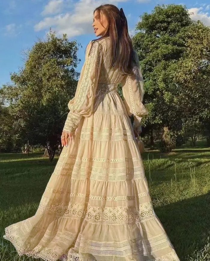 Spring New Fashion Elegant Long Skirt Lace Splicing Design Lantern Sleeve Dress-GZYYKJ28