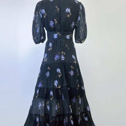 Vintage Lace V-neck Flower Bead Buckle Waist Swing Puff Printed Long Dress Autumn New Wholesale Clothing-GZYYWL35