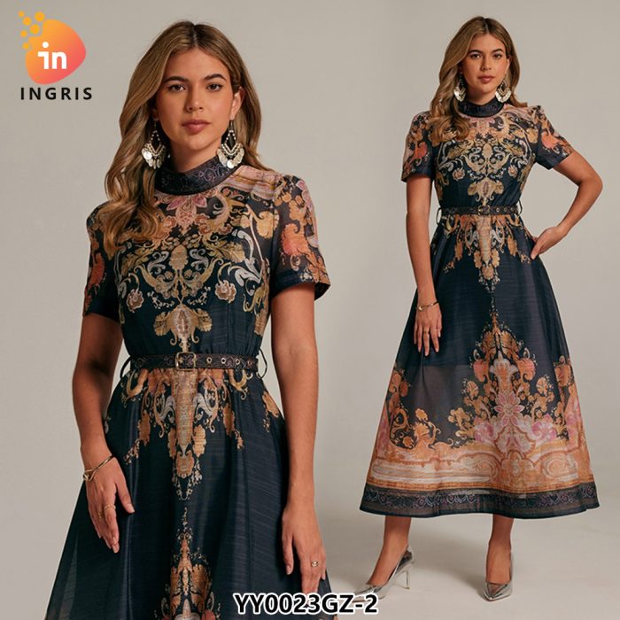 Hot Selling Womens Modest Dresses High Collar Slim Fit Waist Band Dubai Abaya Bodycon Dress for Muslim Women-YY0023GZ