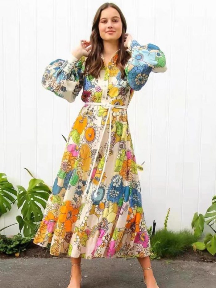 Lantern Long Sleeve Turn Down Collar Elastic Waist Floral Print Long Dress-GZYYKJ042