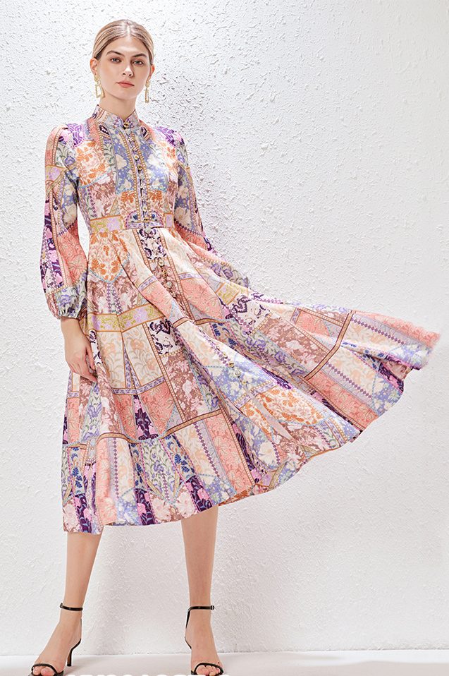 Women's Fashion V-neck Long Sleeve Slim High Waist Print Dress-YY0016GZ