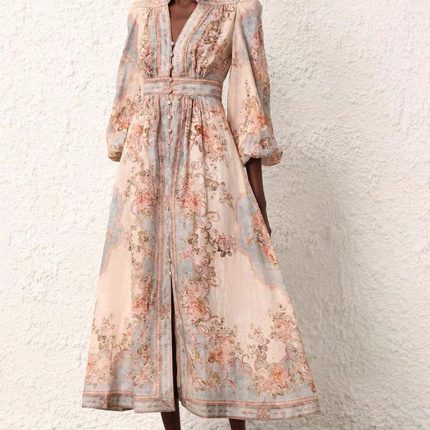 Vintage Casual Midi Dress for Women Empire Printed Contrast Color Lace Vestidos Red-GZYYKJ003