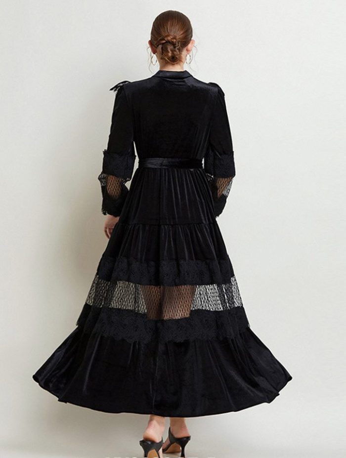 Autumn Winter Velvet Dress O-Neck High Quality Midi Length Vintage Lantern Sleeve Hollow Lace Patchwork Belt Party-YY0032GZ