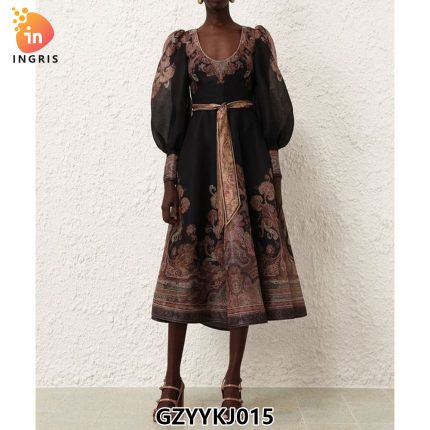 Hot-selling High Quality Vintage Tunic Slim Midi Dress for Women Empire Printed Ladies Elegant Dresses-GZYYKJ015