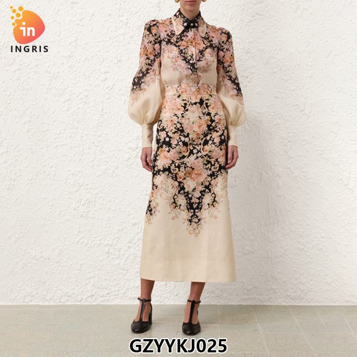 Vintage Print Womens Dress Shirt Collar Trendy Puff Sleeve Slim Long Dresses Women Lady Elegant-GZYYKJ025