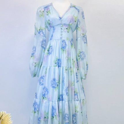 Elegant V-neck Puff Printed Long Dress Autumn New Wholesale Clothing-GZYYWL016