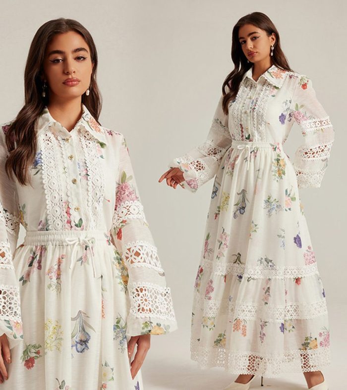 New Fashion Hollow Temperament Long Sleeve Dress Women's French Printed Shirt Dresses-YY0037GZ