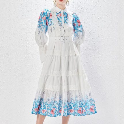 Wholesale Middle Eastern Fashion Clothing Digital Print Mid Waist Long Dress Puffy Sleeve Lapel Robe Women Muslim Abaya-YY0071GZ
