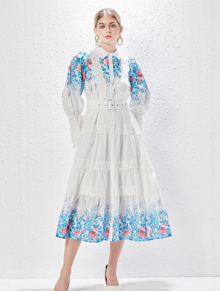 Wholesale Middle Eastern Fashion Clothing Digital Print Mid Waist Long Dress Puffy Sleeve Lapel Robe Women Muslim Abaya-YY0071GZ