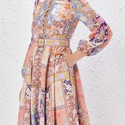 Women's Fashion V-neck Long Sleeve Slim High Waist Print Dress-YY0016GZ