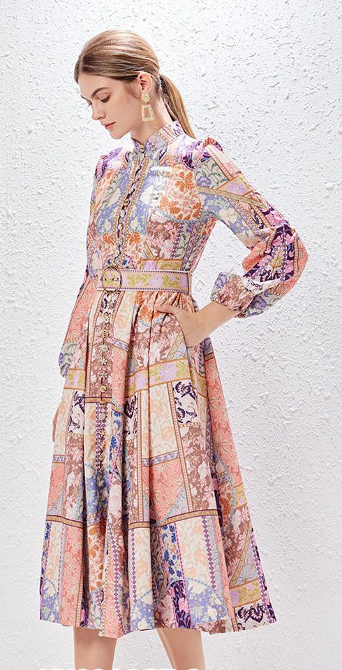 Women's Fashion V-neck Long Sleeve Slim High Waist Print Dress-YY0016GZ