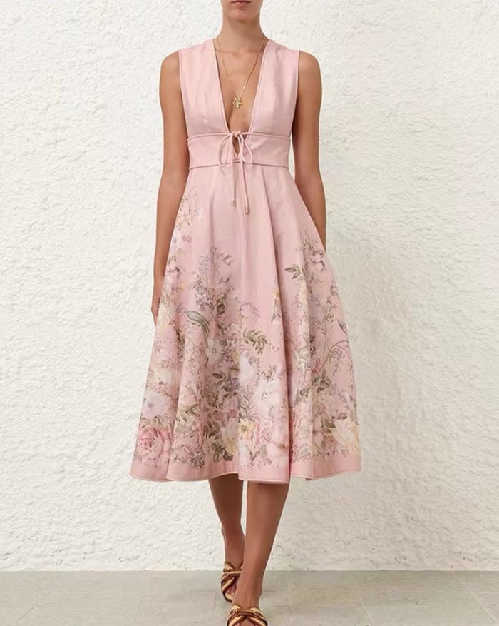 Hot Selling Casual Floral Digital Print Womens Dresses Deep V-neck Sleeveless Sexy Spring Summer Dress-GZYYYKJ016