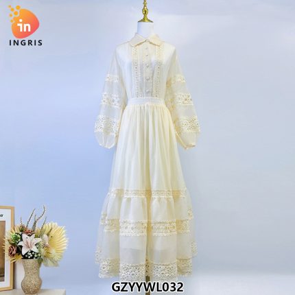 Casual Loose Women's Clothing Spring and Autumn New High End Style Lace Hollow Lantern Sleeve Dress-GZYYWL032