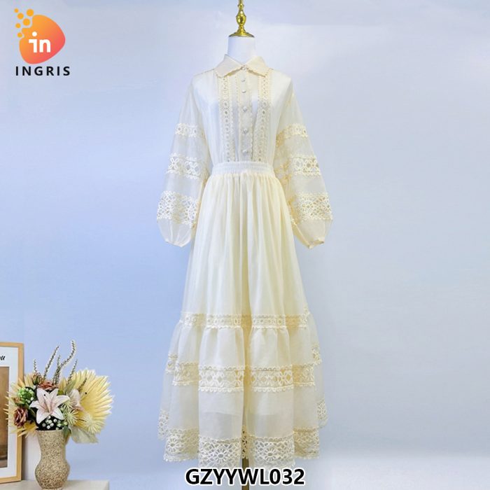 Casual Loose Women's Clothing Spring and Autumn New High End Style Lace Hollow Lantern Sleeve Dress-GZYYWL032