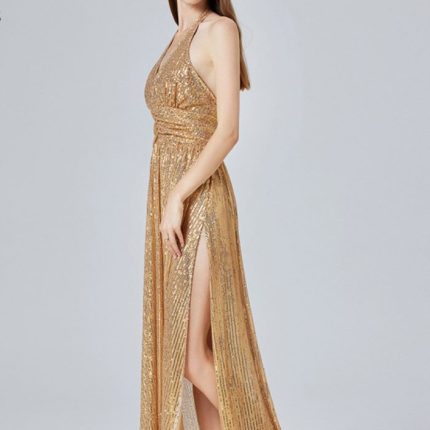 Europe and the United States Clothes Sexy Gold Sequin Halter Split Slimming Evening Dress High Waist A-line-YY0021GZ