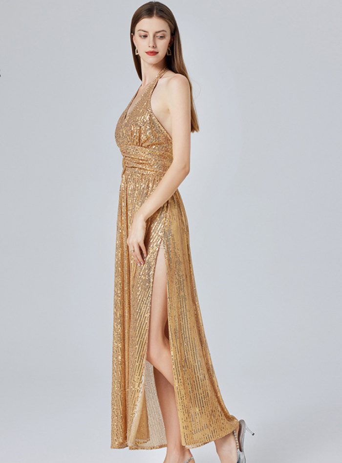 Europe and the United States Clothes Sexy Gold Sequin Halter Split Slimming Evening Dress High Waist A-line-YY0021GZ