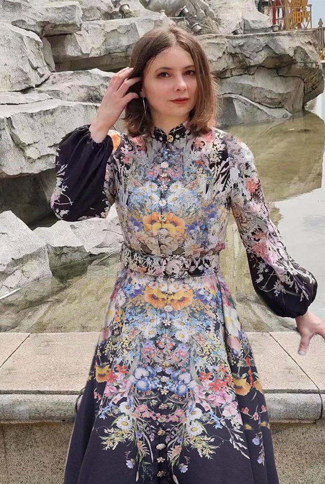 Elegant Women Clothing New Round Neck Flower Print Silky Dress-GZYYKJ010
