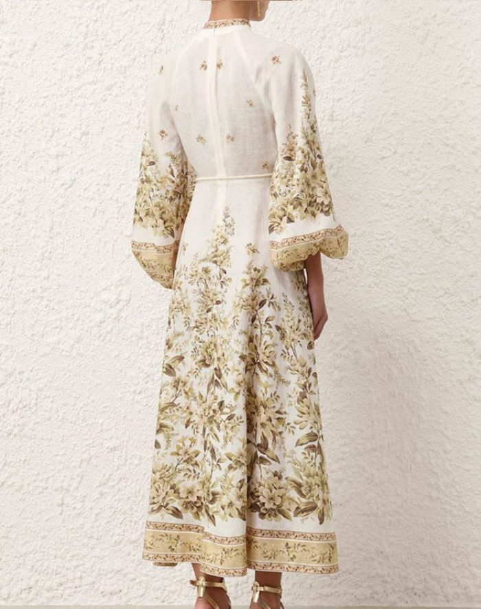 Wholesale Custom Stand Collar Flared Sleeve Printed Long Lace Dress-GZYYKJ012