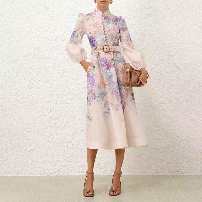 French retro stand-up collar lantern sleeve printed dress for women autumn new waist slimming A-line long skirt-GZYY0002
