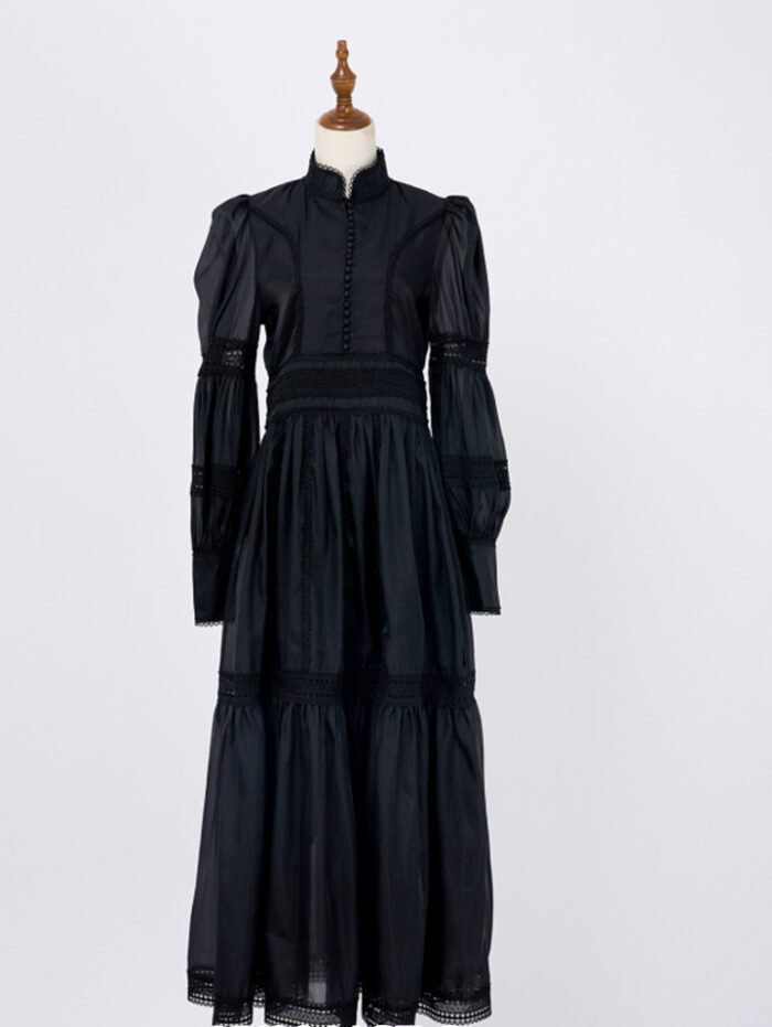 Long Skirt With Lace Splicing Design Lantern Sleeve Dress-YY0044GZ