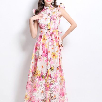 Summer Printed Chiffon Dress New Sexy Slash Neck Ruffle Long Dresses-YY0019GZ