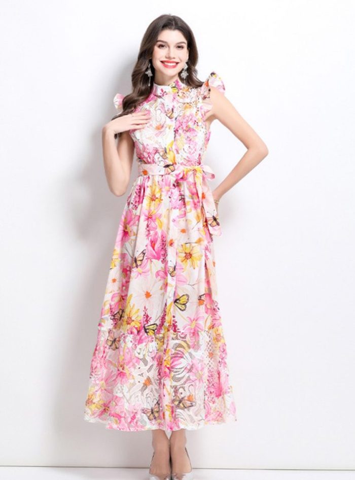 Summer Printed Chiffon Dress New Sexy Slash Neck Ruffle Long Dresses-YY0019GZ