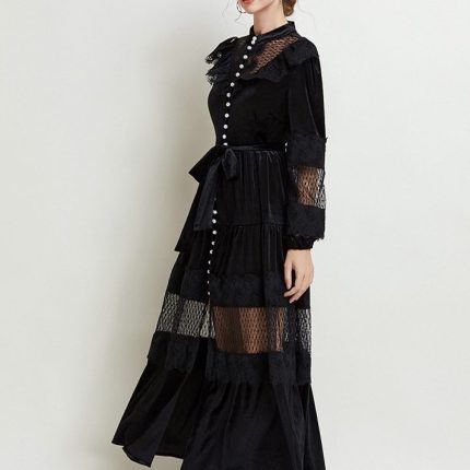 Autumn Winter Velvet Dress O-Neck High Quality Midi Length Vintage Lantern Sleeve Hollow Lace Patchwork Belt Party-YY0032GZ