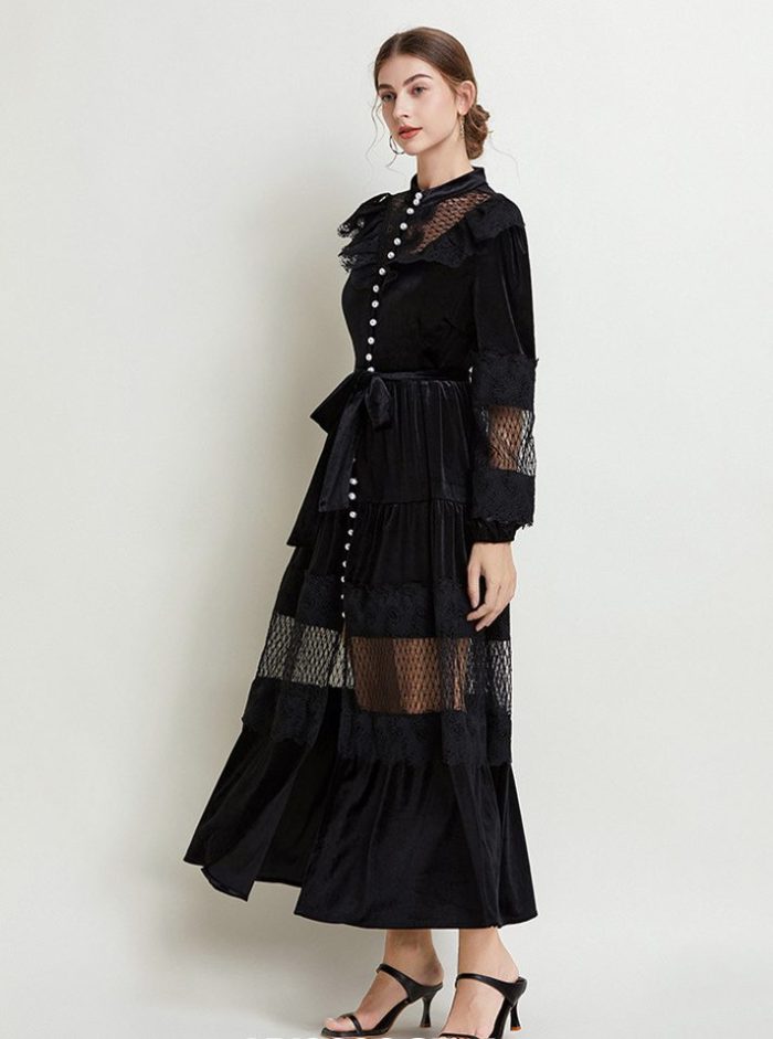 Autumn Winter Velvet Dress O-Neck High Quality Midi Length Vintage Lantern Sleeve Hollow Lace Patchwork Belt Party-YY0032GZ