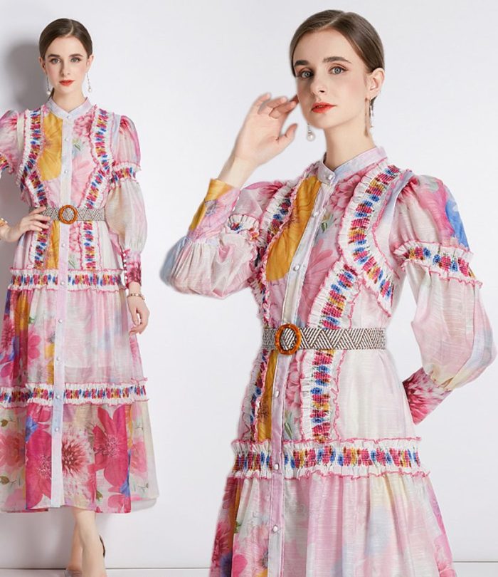 Beach dress Spring and autumn fashion lantern sleeve stand collar A-line dress-YY0030GZ