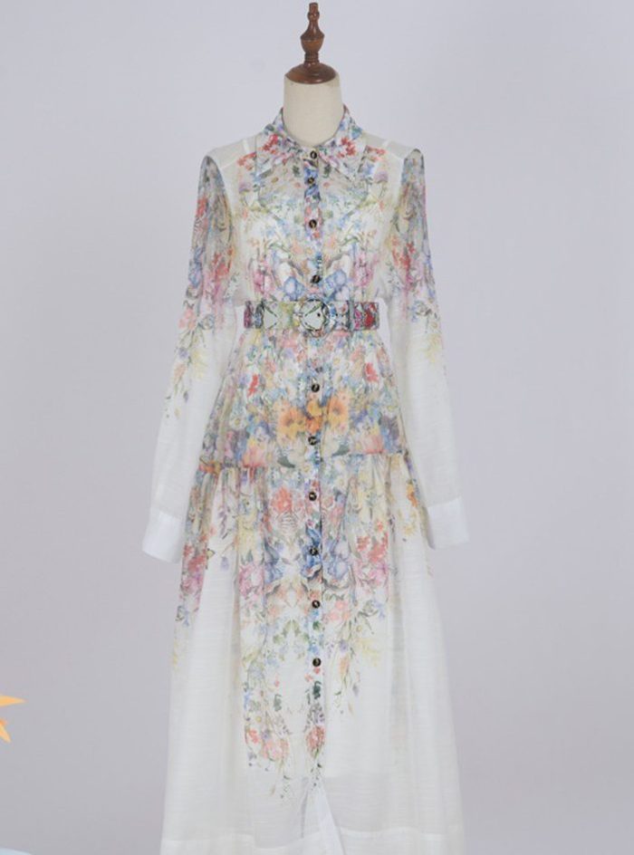 New Fashion Spring/Summer Women's Vacation Style Suit Collar Short Sleeve Large Swing Long Dress Printed Dress-YY0060GZ