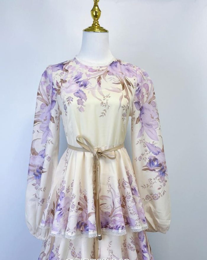 Retro Elegant Dress Women's Luxury Fashion Printed Waist Chiffon Floral Skirt Long Skirt-GZYYWL013