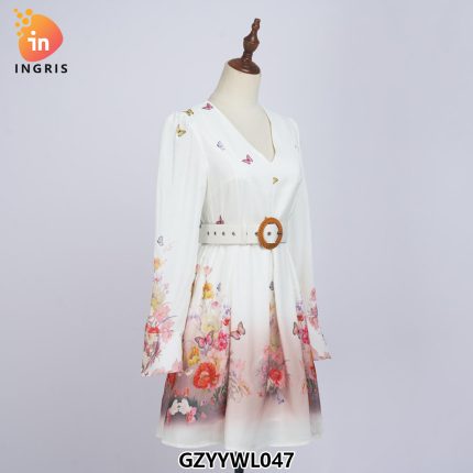 Elegant Women's Spring/Summer New Retro Fragmented Flower Skirt Standing Neck Lantern Sleeves Dress Women-GZYYWL047