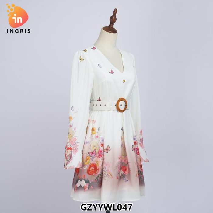 Elegant Women's Spring/Summer New Retro Fragmented Flower Skirt Standing Neck Lantern Sleeves Dress Women-GZYYWL047