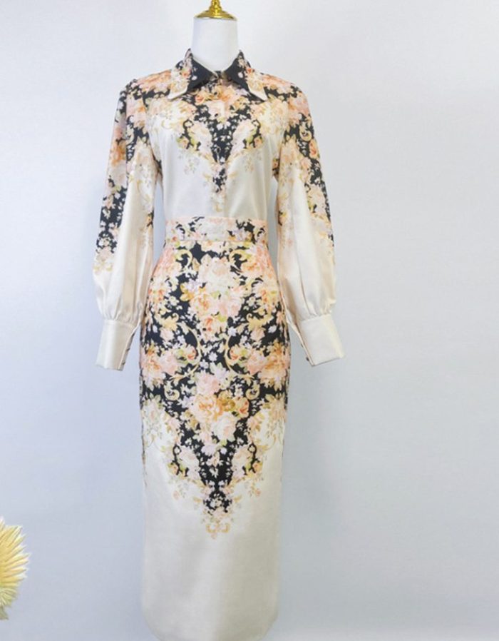 New Pearl Button Silk Hemp Blouse High Waist Pleated Swing Long Skirt Set-GZYYKJ084