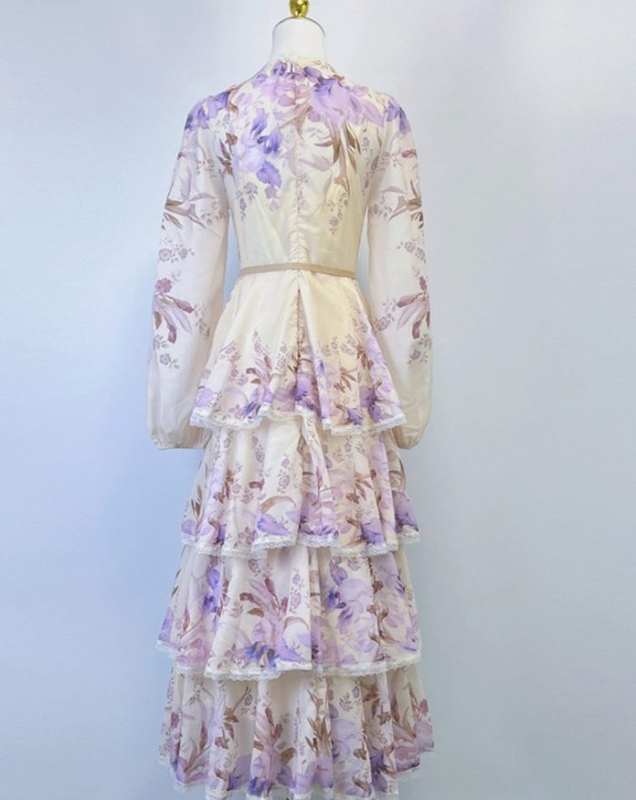 Plus Size High Quality Spring Elegant Stand Collar Dress for Women Printed Lace Vestidos Ladies Elegant Dresses Clothes Women-YY0046GZ