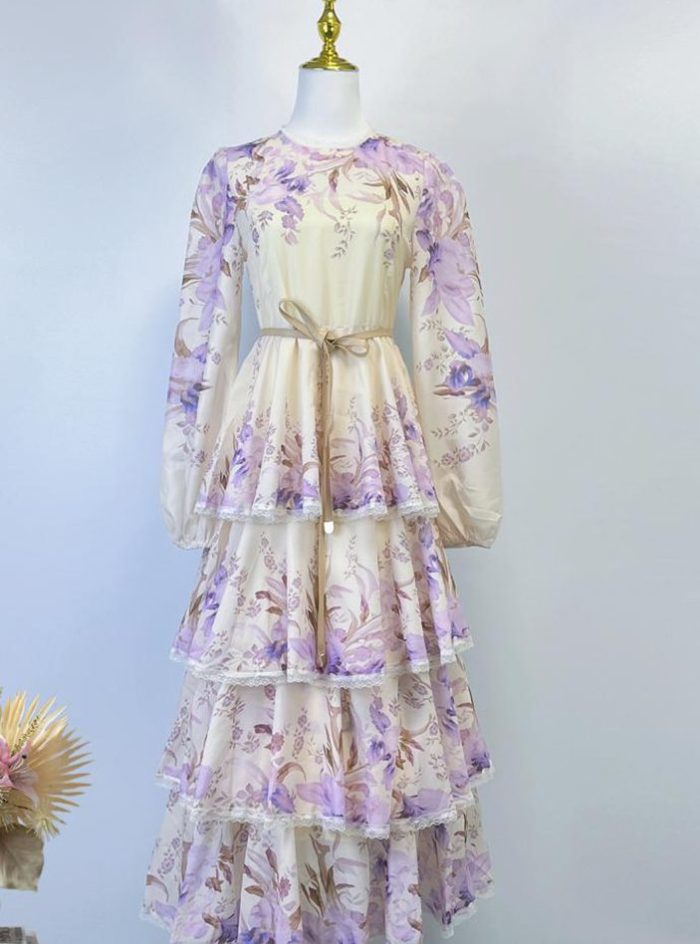 Retro Elegant Dress Women's Luxury Fashion Printed Waist Chiffon Floral Skirt Long Skirt-GZYYWL013