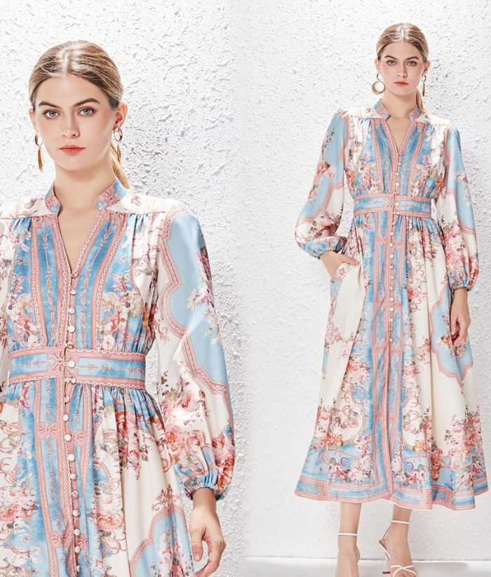 Summer New Women's Sexy Floral Print Long Puff Sleeve Midi Dress-GZYYKJ001