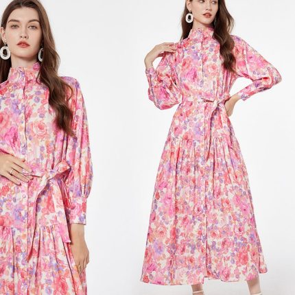 Wholesale High Quality Beach Long Sleeve Ruffle Tie Dye Chiffon Maxi Dress Ladies-YY0069GZ