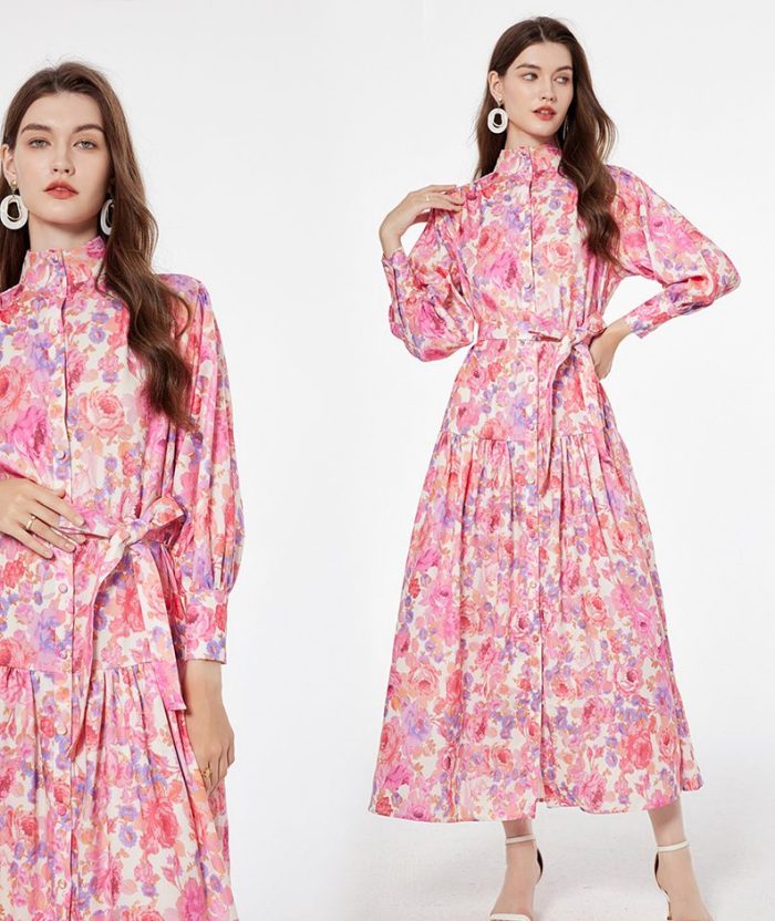 Wholesale High Quality Beach Long Sleeve Ruffle Tie Dye Chiffon Maxi Dress Ladies-YY0069GZ