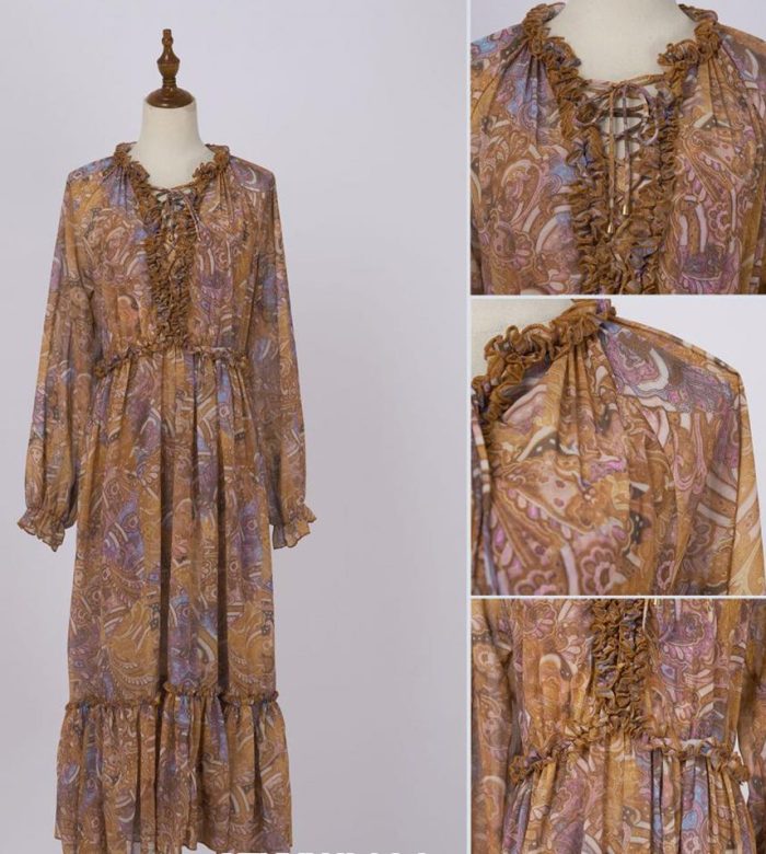Multi Color Brown Color Floral Print Long Sleeve Elastic Waist Casual Fashion Women Maxi Dress-GZYYYWL34
