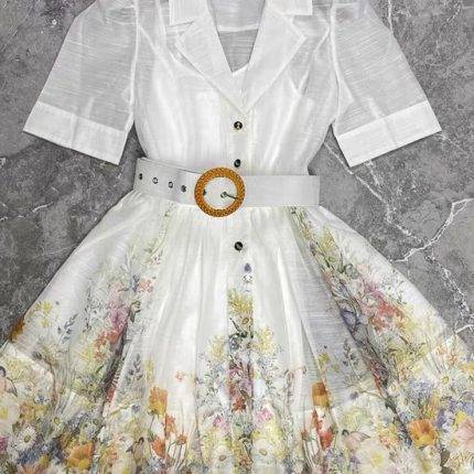 New fashionable spring and summer women's holiday style suit, stand-up collar, short sleeves, wide skirt, printed dress-GZYYKJ059