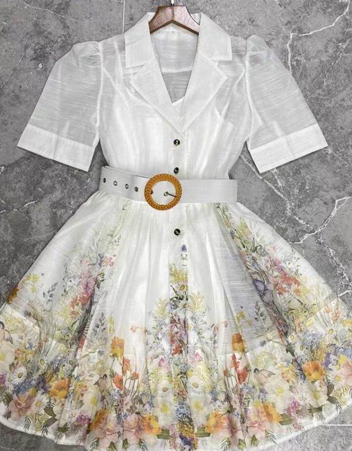 New fashionable spring and summer women's holiday style suit, stand-up collar, short sleeves, wide skirt, printed dress-GZYYKJ059