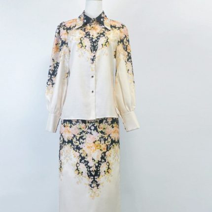 New Pearl Button Silk Hemp Blouse High Waist Pleated Swing Long Skirt Set-GZYYKJ084
